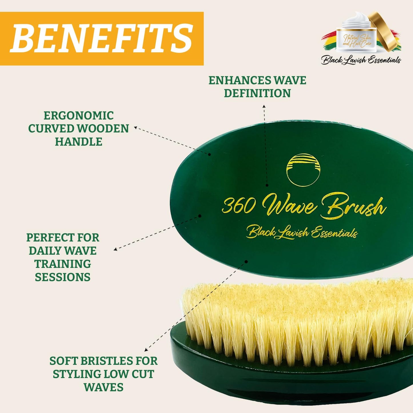 360 Wave Brush, Build Deeper Waves, Soft & Hard Boar Bristle Curved Brush, Black Lavish Essentials Signature (Emerald Green, Soft)