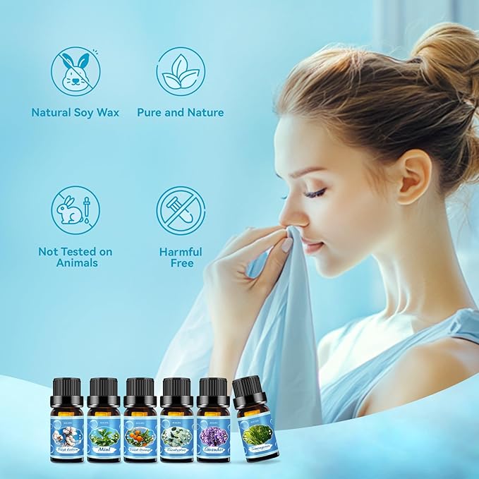 Clean Essential Oils Set for Diffuser & Candle Making | 6 Pack Premium Aromatherapy Oils Gift Set - Lavender, Eucalyptus, Mint, Sweet Orange, Lemongrass, Clean Cotton for Home, Relaxation & DIY