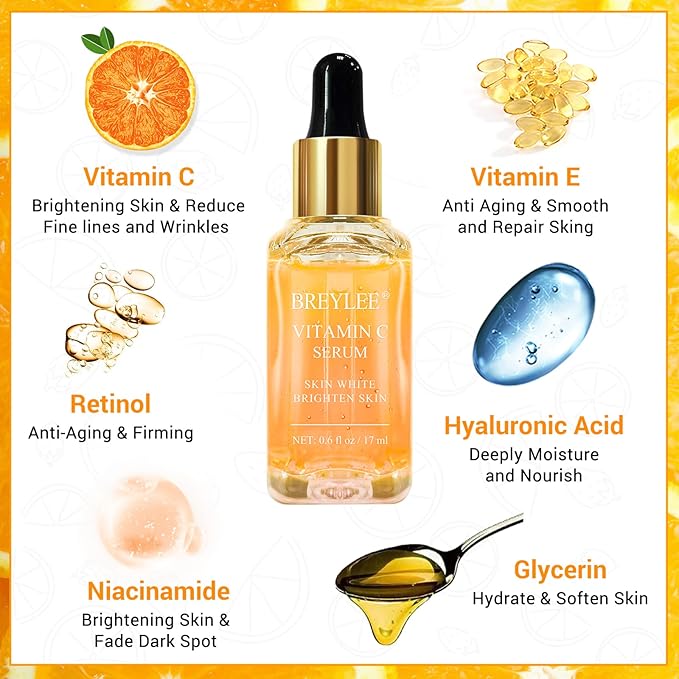 BREYLEE Vitamin C Serum for Face & Eye (o.6 oz) for Brightening Skin,Dark Spot Remover,Reduce Wrinkle,Anti Aging Serum,Moisturizer Brightening Serum with Hyaluronic Acid,Vitamin E,Retinol, Niacinamide