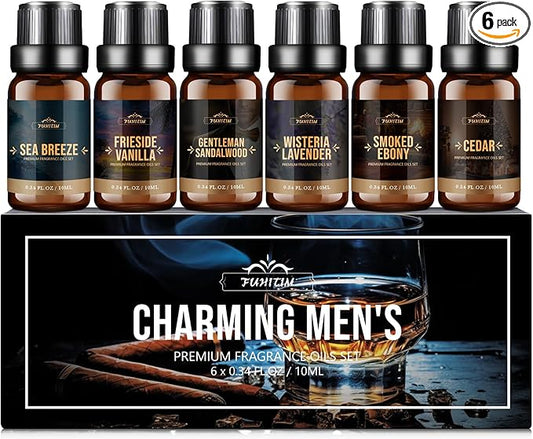 Fragrance Oil, Charming Men's Set Diffuser Oil for Home, Soap & Candle Making Scents, Aromatherapy Essential Oils -Sea Breeze, Fireside Vanilla, Cedar and More(6 * 10ML)