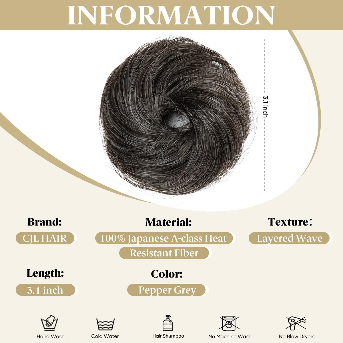 CJL HAIR 2PCs Small Cute Messy Bun Hair Piece for Thin Hair Women Mini Synthetic Curly Bun Scrunchies Updo Hairpieces Pepper Grey