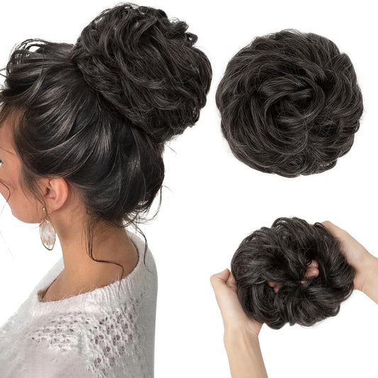 CJL HAIR Large Messy Bun Hair Piece Wavy Curly Scrunchies Synthetic Chignon Ponytail Hair Extensions Thick Updo Hairpieces for Women Pepper Grey