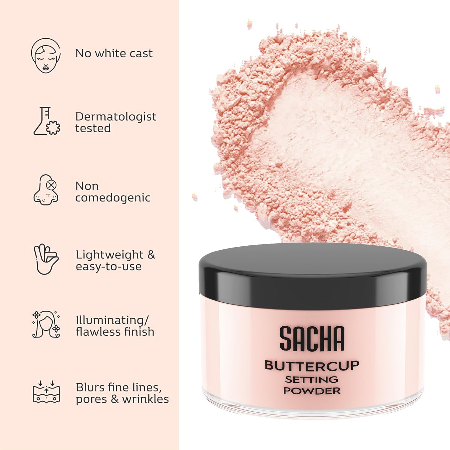 Sacha BUTTERCUP Rosé Setting Powder. No Ashy Flashback. Blurs Fine Lines and Pores. Loose, Translucent Face Powder to Set Makeup Foundation or Concealer. For All Skin Tones, 1.75 oz.