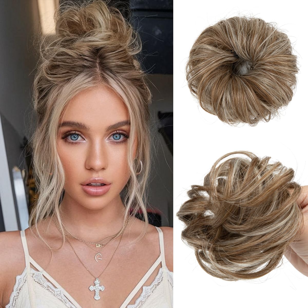 CJL HAIR 2PCs Small Cute Messy Bun Hair Piece for Thin Hair Women Mini Synthetic Curly Bun Scrunchies Updo Hairpieces Beige Multi