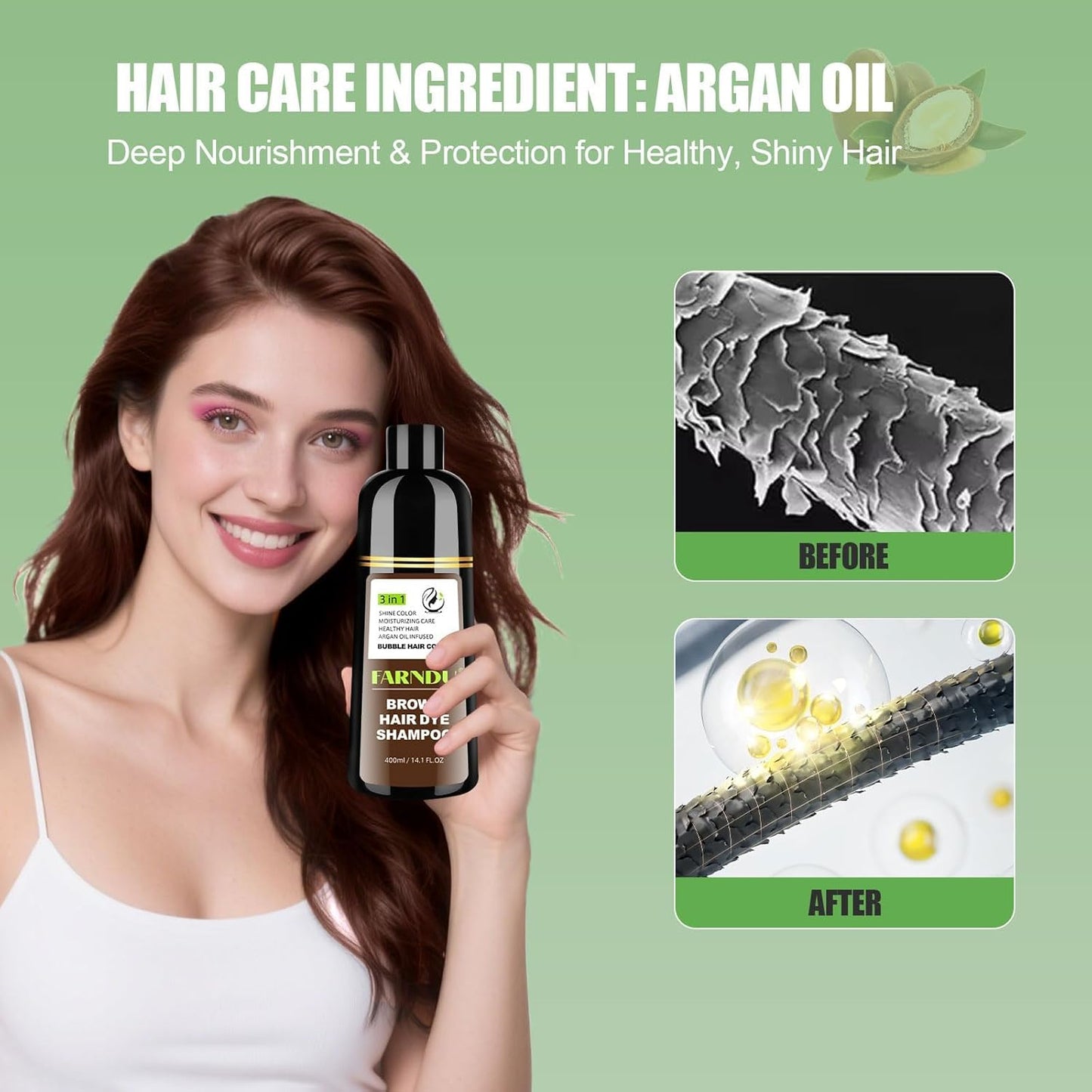 FARNDU Chestnut Brown Hair Dye Shampoo for Gray Hair Coverage - 3 In 1 Natural Hair Color Shampoo for Women & Men, Champu Para Canas Mujer