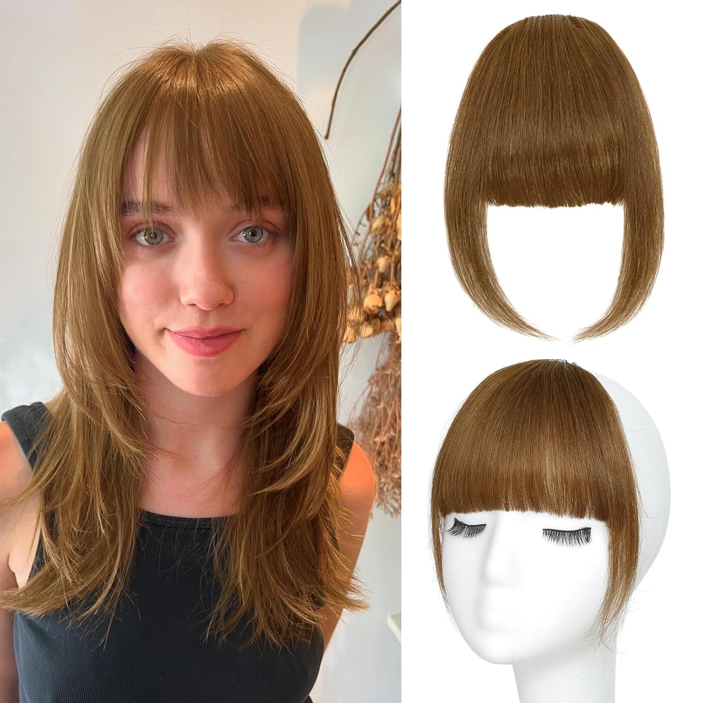 Bangs Hair Clip Human Hair Light Brown French Bangs for Women Fringe with Temples Hairpieces Clip on Bangs for Daily Wear (Light Brown, French Bangs)