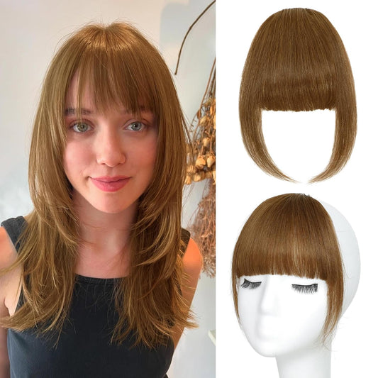 Bangs Hair Clip Human Hair Light Brown French Bangs for Women Fringe with Temples Hairpieces Clip on Bangs for Daily Wear (Light Brown, French Bangs)