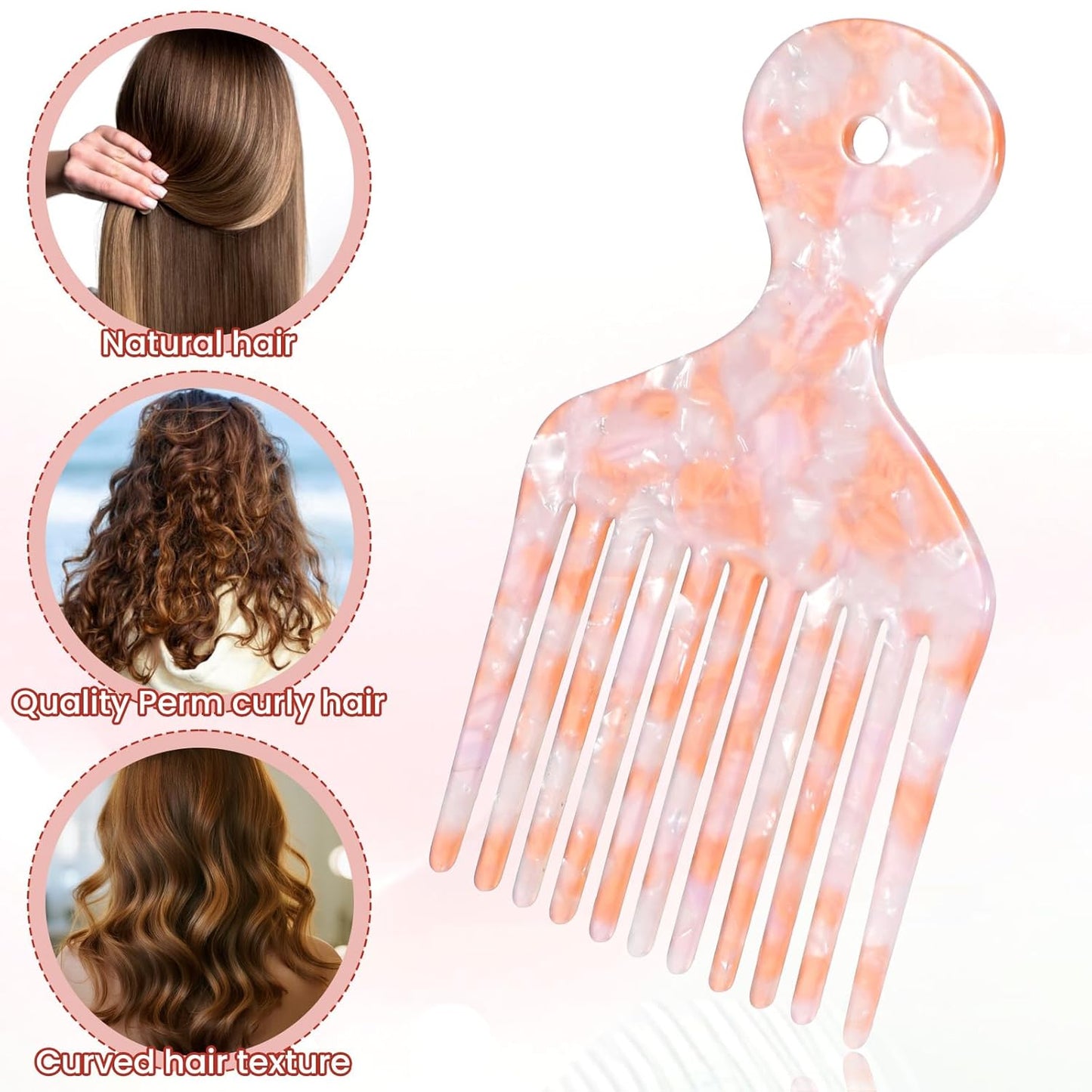 Wide Tooth Hair Pick Comb for Curly Hair Hairs Picks for Women Pink Long Tooth Hairs Comb for Long Thick Curly Detangling Lifting Combs for Anti Static HairStyling Tool Women Men, 4.8 Inches