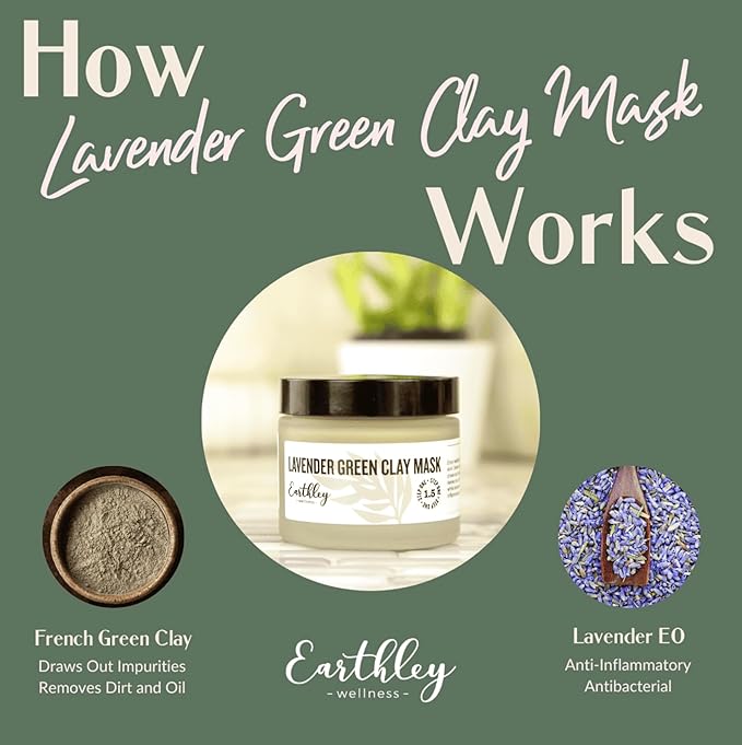 Earthley Wellness Face Mask, Healthier Skin, Reduces Oils, Soothes Skin, Pull out Dirt and Oil, Unclog Pours, Improve Skin Complexion (Lavender Green Clay Mask, 2oz.)