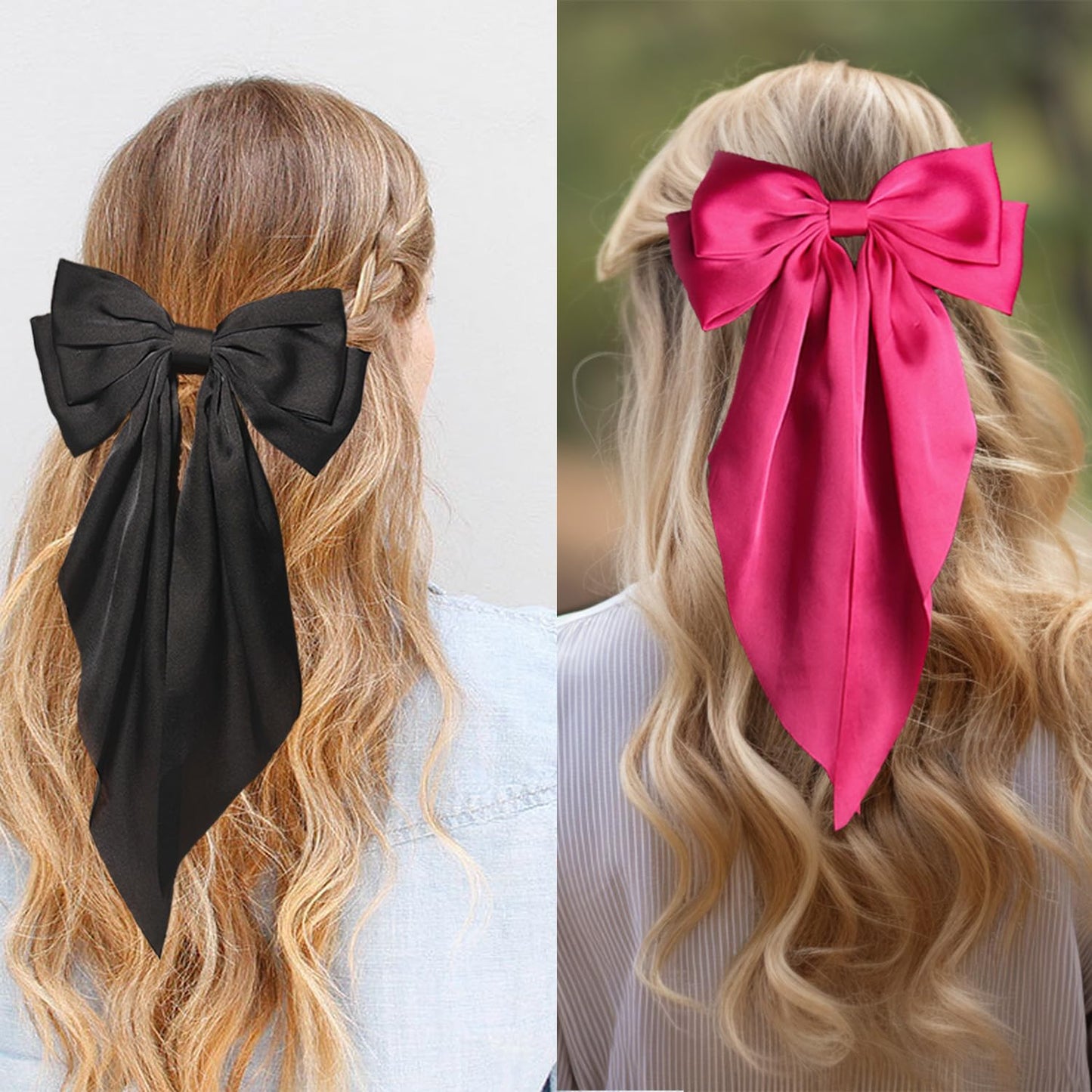 Furling Pompoms Hair Bows for Women Girls, 3pcs Big Bow Hair Clips Ribbon Hair Bow Ponytail Accessories, Holiday Party Birthday (Beige Black Hot Pink)