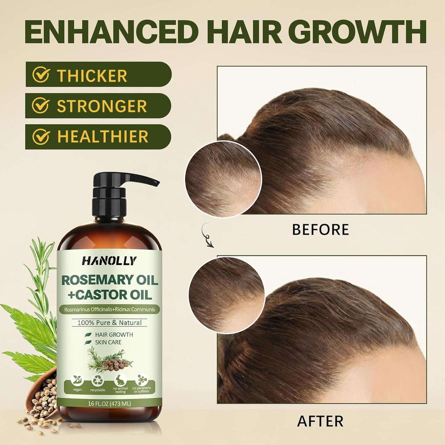 Rosemary Castor Oil for Hair Growth 16oz - 100% Pure Rosemary Oil with Castor Oil, Blend of Effective Hair Oils For Hair Growth, Hydration Scalp, Reduce Loss & Split Ends