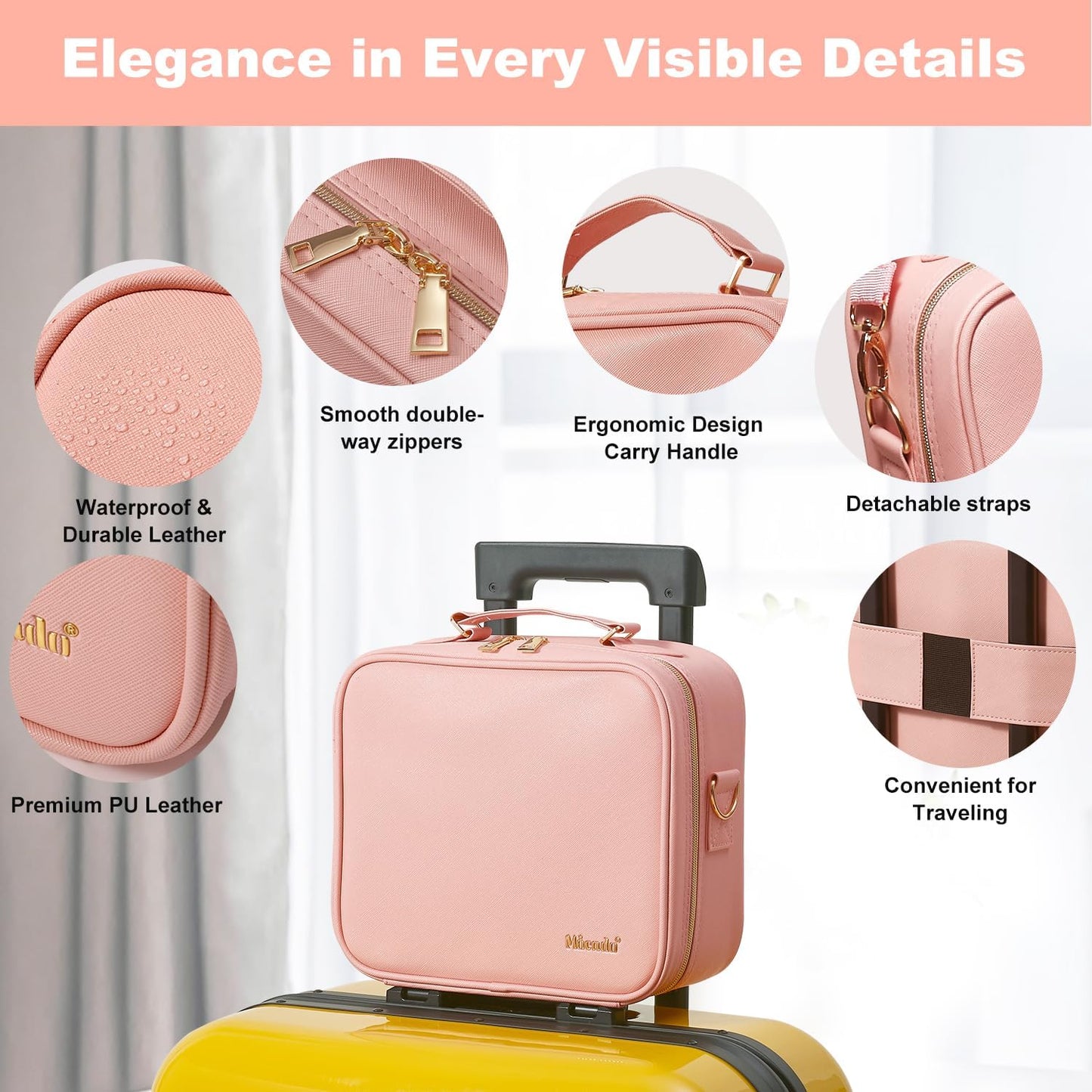 Mocado Travel Makeup Bag with LED Lighted Mirror,Travel Makeup Organizer,Makeup Case with 8 Makeup Brushes and 10x Magnifying Mirror,3 Colors Lighting, Adjustable Dividers Makeup Box(Pink)