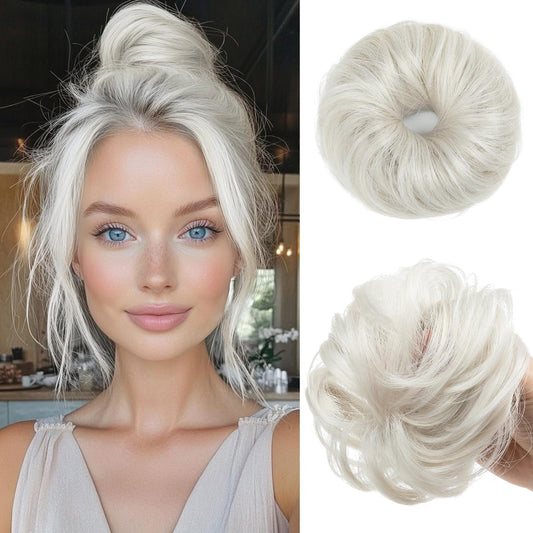 CJL HAIR 2PCs Small Cute Messy Bun Hair Piece for Thin Hair Women Mini Synthetic Curly Bun Scrunchies Updo Hairpieces White