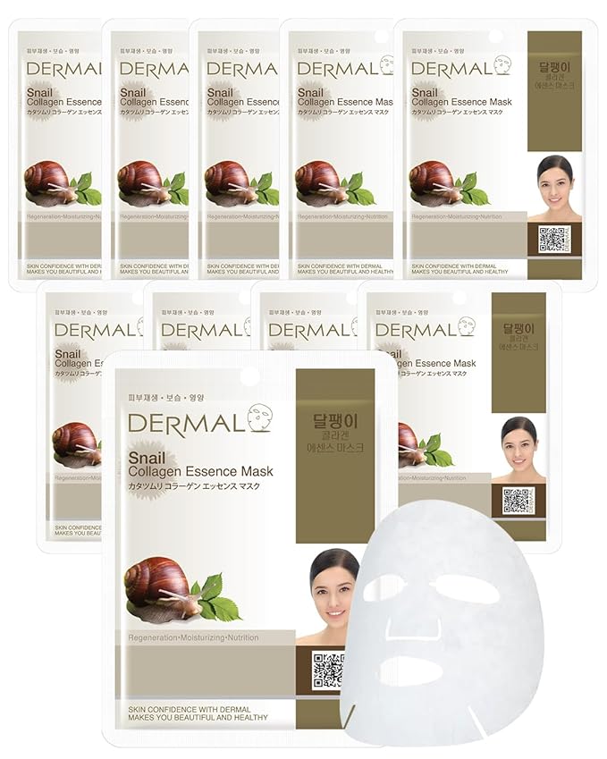 DERMAL Snail Collagen Essence Facial Mask Sheet 23g Pack of 10 - Skin Regenerating & Trouble Care for Acne Prone Skin, Daily Skin Treatment Solution Sheet Mask