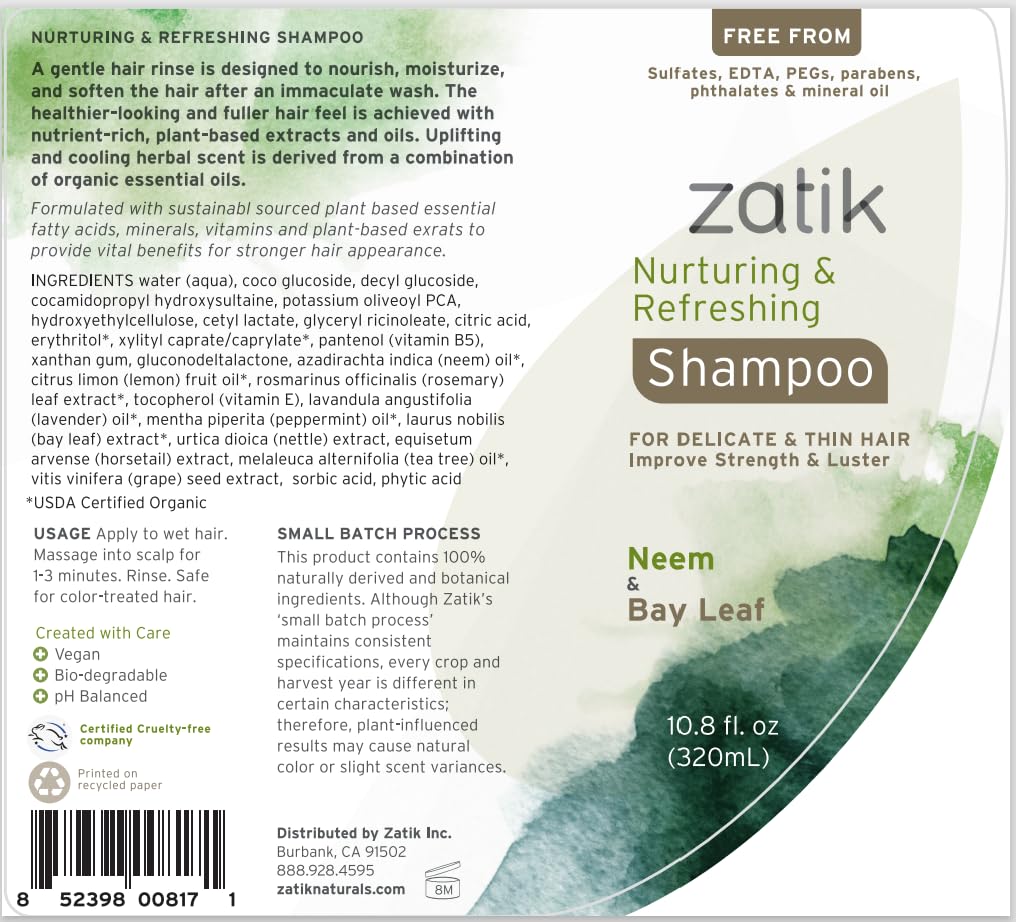 Zatik Naturals - Nurturing and Refreshing Shampoo + Conditioner Set, with Neem & Bay Leaf for Dry, Fine, Delicate Hair - Biodegradable, pH Balanced, Sulfates & Phthalates Free, 2x10.8oz (One of Each)