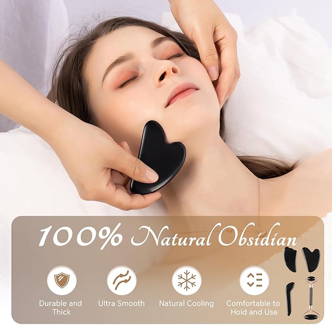 Natural Jade & Obsidian Gua Sha Set of 4 - Premium Face Sculpting Tools Eyes Roller Massager Jade Roller for Jawline, Double Chin Reduction & Lymphatic Drainage Women's Anti-Aging Skincare Kit