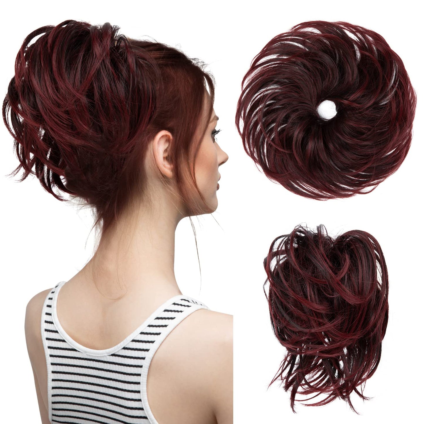 CJL HAIR Large Messy Bun Hair Piece Wavy Curly Scrunchies Synthetic Chignon Ponytail Hair Extensions Thick Updo Hairpieces for Women Dark Wine to Wine