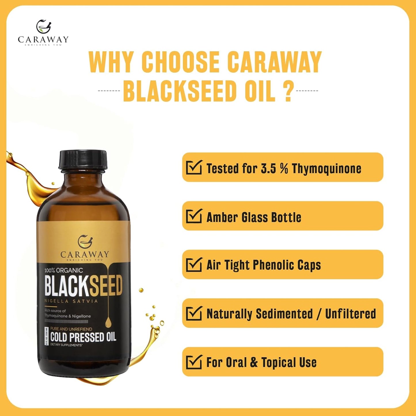 CARAWAY Organic Black Seed Oil - Cold Pressed Nigella Sativa Oil - Pure and Unrefined - Rich in Thymoquinone for Immune Support, Hair and Skin Care | Glass Bottle
