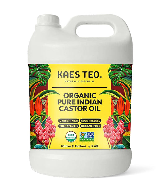 Organic Castor Oil 1 Gallon (128 fl oz) Bulk, 100% Pure Cold-Pressed, Hexane Free, Eyelash, Eyebrow & Hair Growth Serum, Skin Moisturizer, Massage, Hair Loss, Dandruff, Detox and Wraps