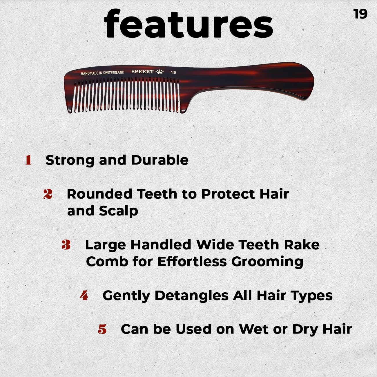 #19 Handmade Wide Tooth Rake Comb Tortoise Havana Acetate Large Handle Thick Coarse Curly Hair Detangling Parting Grooming Teasing Hair Styling Hairdresser Barber Hairdressing Wet Dry Pocket