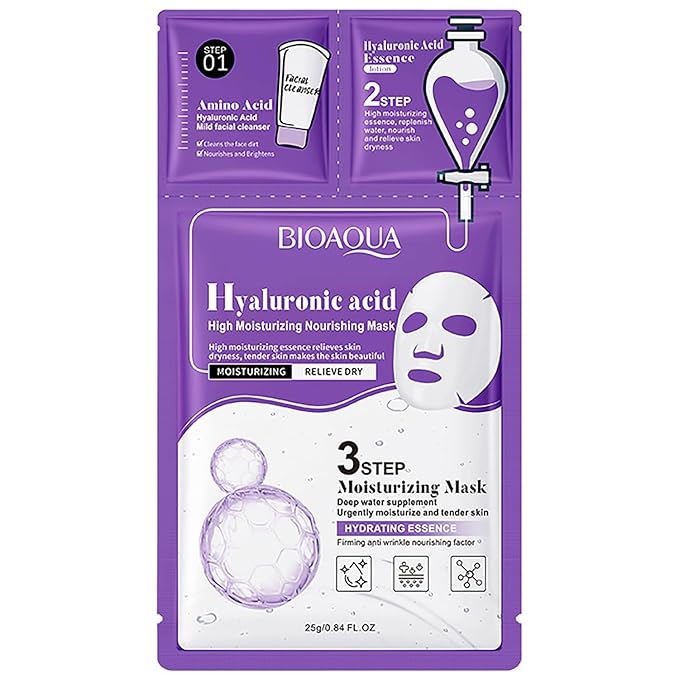 BIOAQUA 3 Step Facial Mask Amino Acid Cleanser Essence Lotion Face Mask 5x(0.8ml+0.8g+25g) (Hyaluronic Acid Moisturizing & Nourishing Mask)