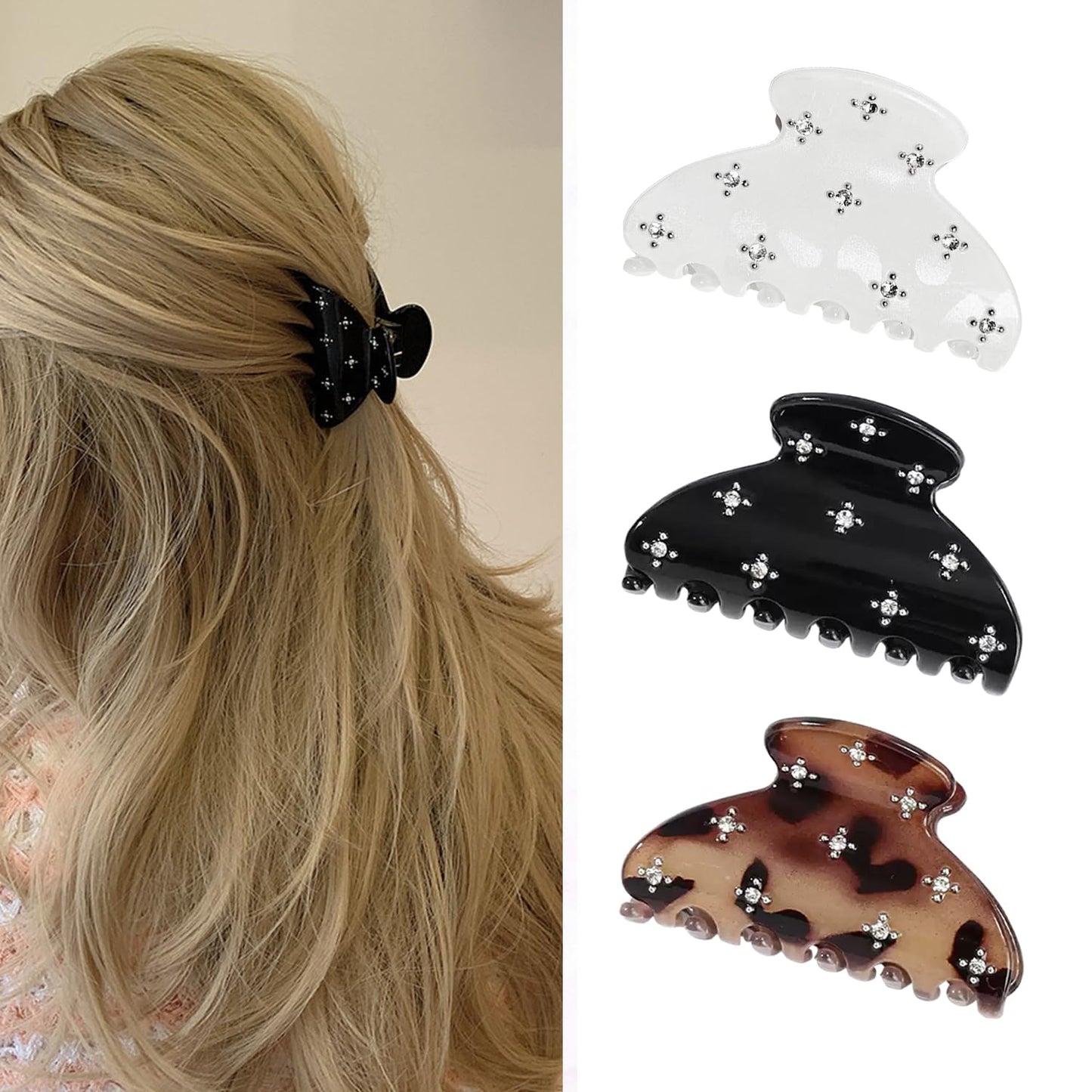 Medium Rhinestone Hair Claw Clips for Women Girls, 3 Pack Sparkling Jaw Clip, Strong Hold Non-Slip Hair Claw Acrylic Hair Clips for Thick Thin Hair - Black, White and Tortoise