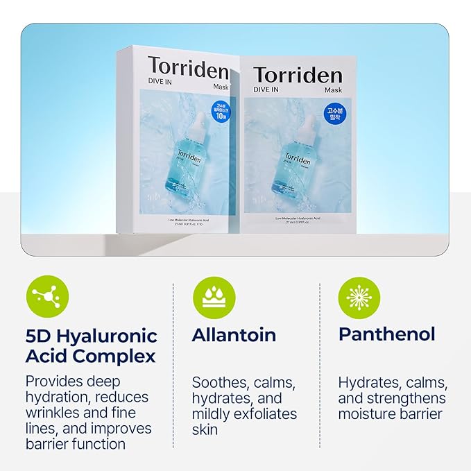 Torriden DIVE IN Hyaluronic Acid Facial Mask (10 sheets) | Extra Moisturizing Care | Hyaluronic Acid, Panthenol, Allantoin | Korean Face Mask