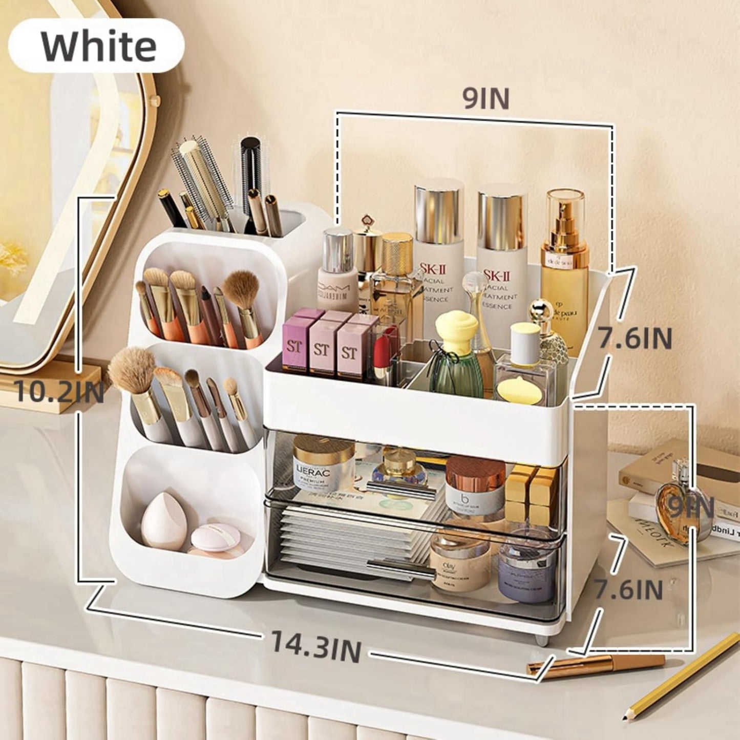 Makeup Organizer with Drawers,Large Capacity Countertop Organizer for Vanity,Bathroom and Bedroom Desk Cosmetics Organizer,Easy To Storage Skincare,Brushes,Lotions,Lipstick (White)