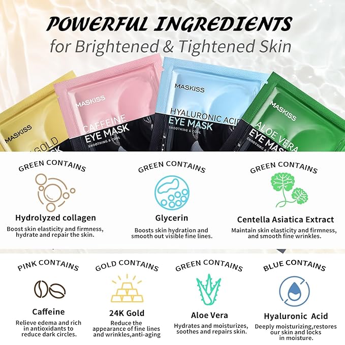 Under Eye Patches(8 Pairs), 24K Gold, Caffeine, Hyaluronic Acid, Aloe Vera Eye Masks for Dark Circles Puffy Eyes Undereye Bags, Eye Skin Care Gift Set for Bachelorette Party Favors