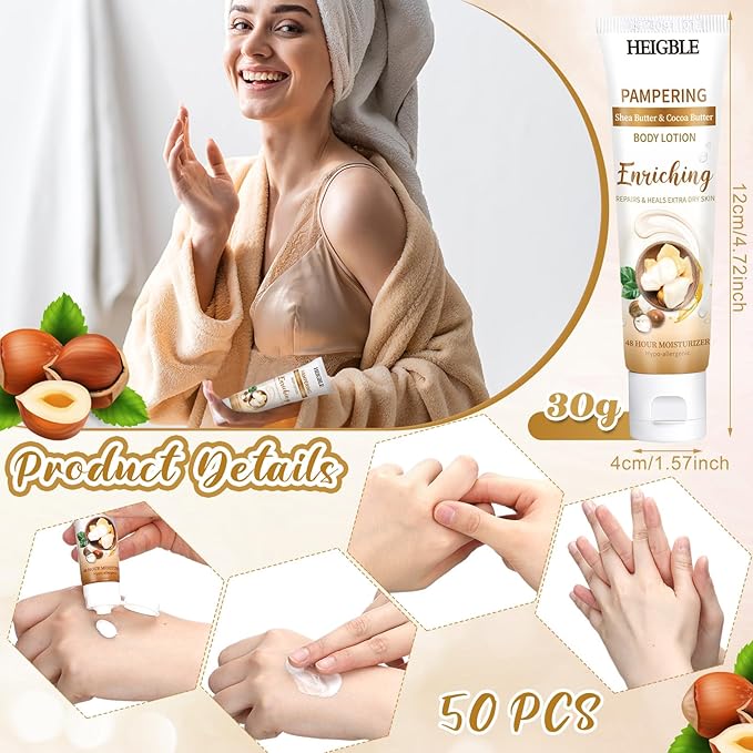 50 Pack Travel Size Body Lotion 1 oz Shea Butter Cocoa Butter Body Lotion Dry Skin Moisturizer with Flip Cap for Extra Dry Skin, Inns, Hotels Resorts, Airlines, Offices, Gyms and More