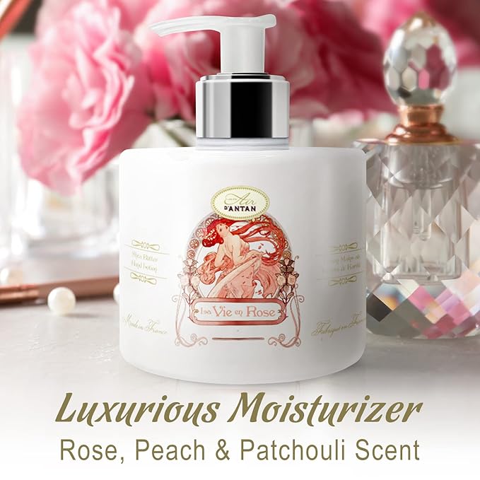 Un Air d'Antan Hand Cream for Dry Cracked Hands 10.5oz - Hand Lotion Pump, Non Greasy Moisturizer with Essential Oils, Cruelty Free Formula - Rose Peach Patchouli