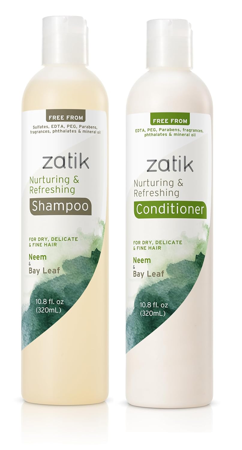 Zatik Naturals - Nurturing and Refreshing Shampoo + Conditioner Set, with Neem & Bay Leaf for Dry, Fine, Delicate Hair - Biodegradable, pH Balanced, Sulfates & Phthalates Free, 2x10.8oz (One of Each)