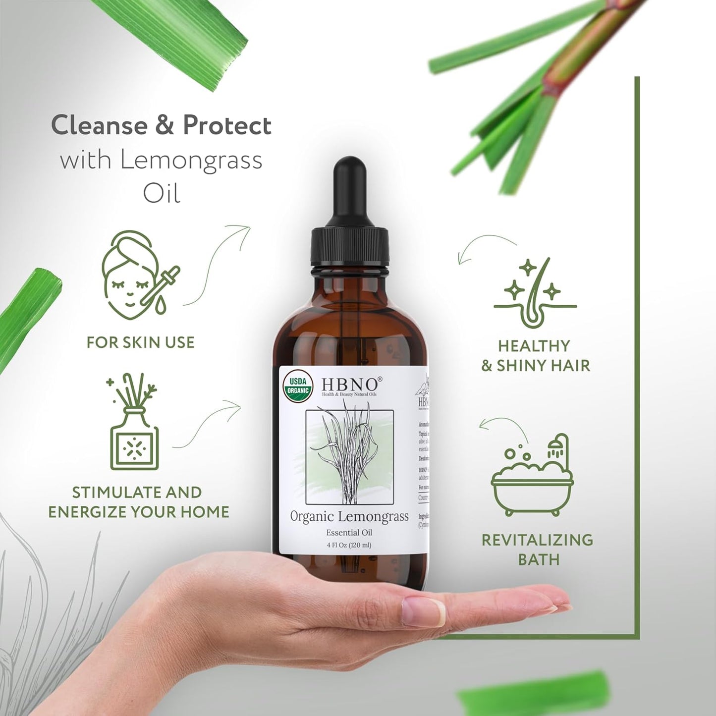 HBNO Organic Lemongrass Essential Oil - Huge 4 oz (120ml) Value Size - USDA Certified Organic Lemongrass Essential Oil, Perfect for Aromatherapy, Soap Making, DIY, Diffuser