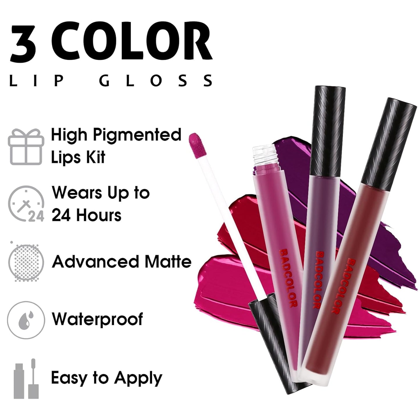 BADCOLOR 3 Colors Matte Liquid Lipstick Set, Purple Burgundy Rose Red Halloween Makeup, High Impact Long Lasting Lip Stain Velvet Nonstick Cup Smudge Proof & Waterproof Lip Gloss Set