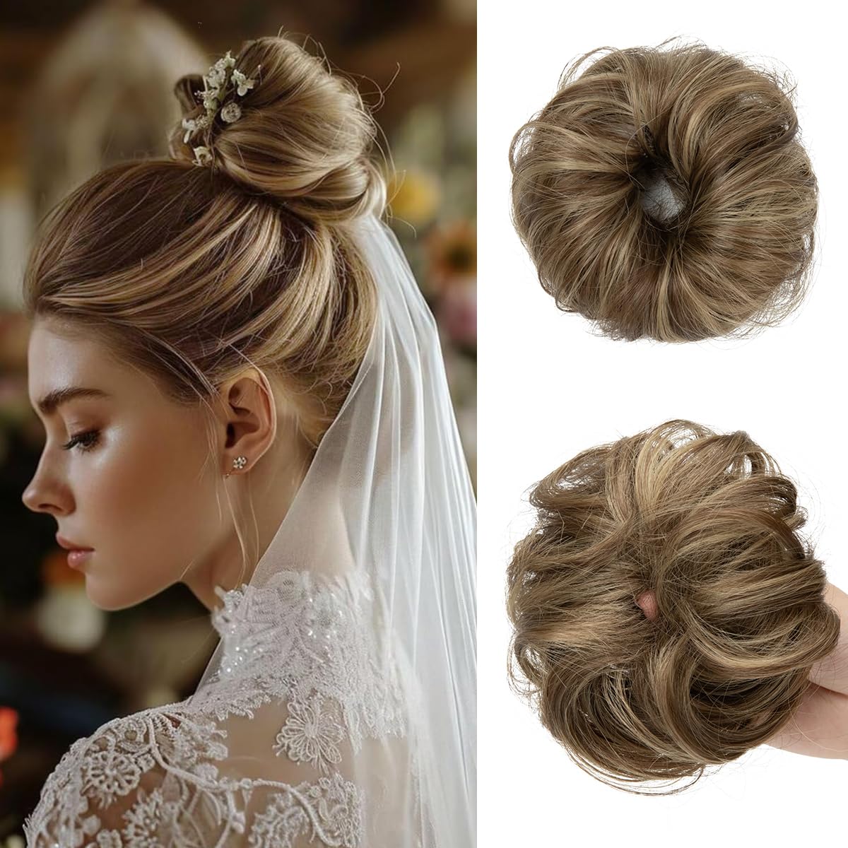 CJL HAIR 2PCs Small Cute Messy Bun Hair Piece for Thin Hair Women Mini Synthetic Curly Bun Scrunchies Updo Hairpieces Brunette/Ash Blonde
