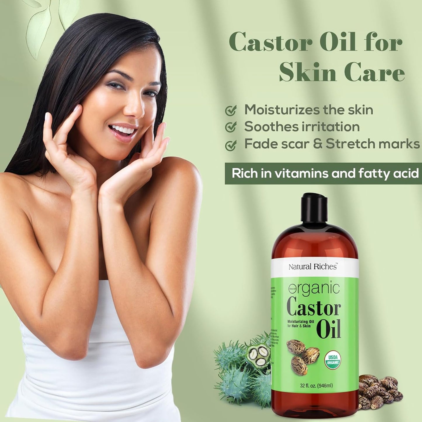 Natural Riches Organic Castor Oil - Cold Pressed, USDA Certified for Dry Skin, Hair Loss, Dandruff, Hair Growth, and Thicker Eyelashes & Eyebrows - 32 fl. oz.