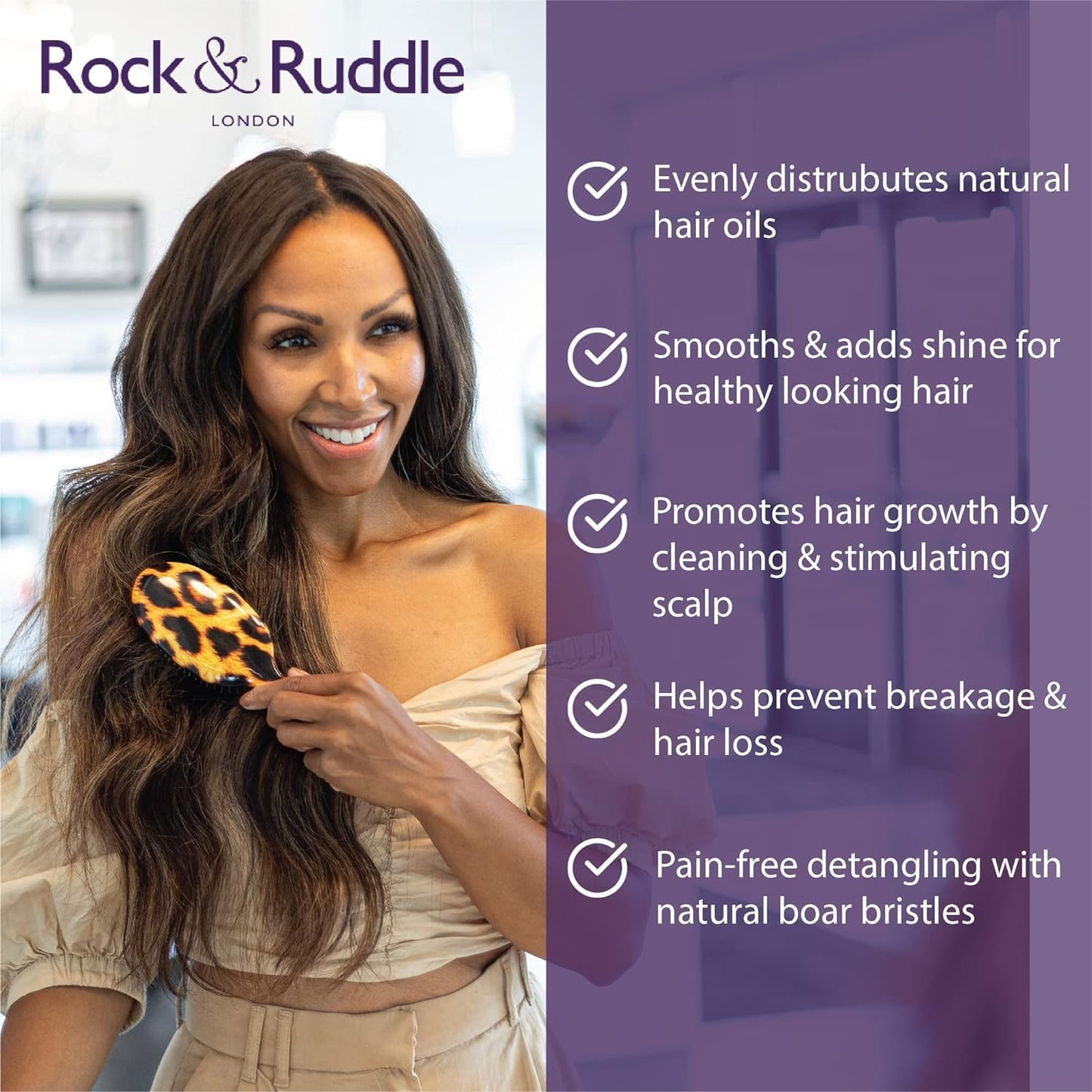 Rock & Ruddle Natural Mixed Boar Bristle Hair Brush for Women and Kids (Large, 21cm) - Perfect for Wet or Dry Hair, Detangling Smoothing Blowdrying - Designed & Made in UK - Blue Ribbon