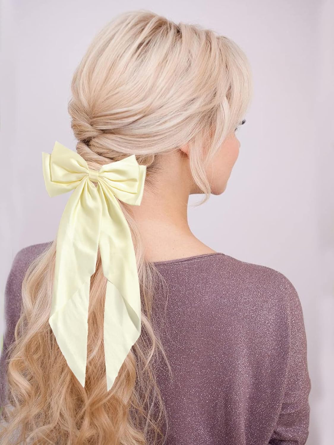 Women Big Bow Barrettes Girl's Satin Hairclips Long Ribbon Hair Pins Accessories For Party (Beige)