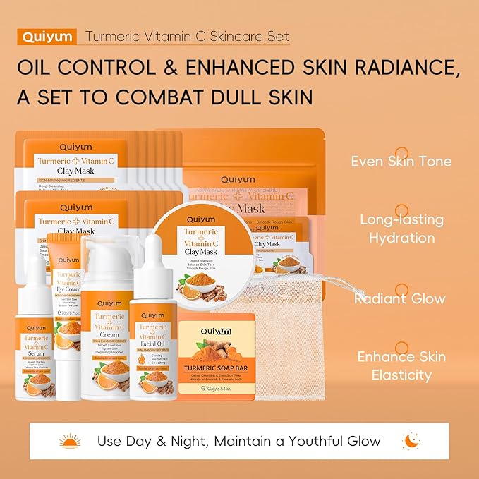Skin Care Set, Turmeric Vitamin C Beauty Gift Sets, Skincare Kit with Serum, Eye Cream, Cream, 2 Type Mud Mask, Soap, Facial Oil Travel Kit for Women Teens Girls, Improve Dark Spot, Reduce Acne