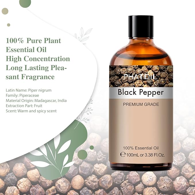 Black Pepper 3.38fl.oz Essential Oil, PHATOIL Pure Aromatherapy Oils for Diffuser, Humidifier, Perfect for DIY Soap, Candle, Bath Bombs Making(100ml)