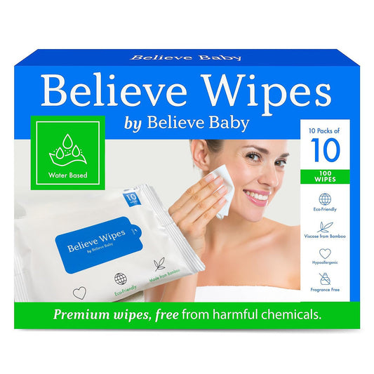Believe Makeup Remover Wipes Travel Size 10pc x 10 Packs - Bamboo Viscose Unscented Face Wipes, Disposable Water-Based Make Up Remover, Gentle and Travel Size Makeup Wipe for Women