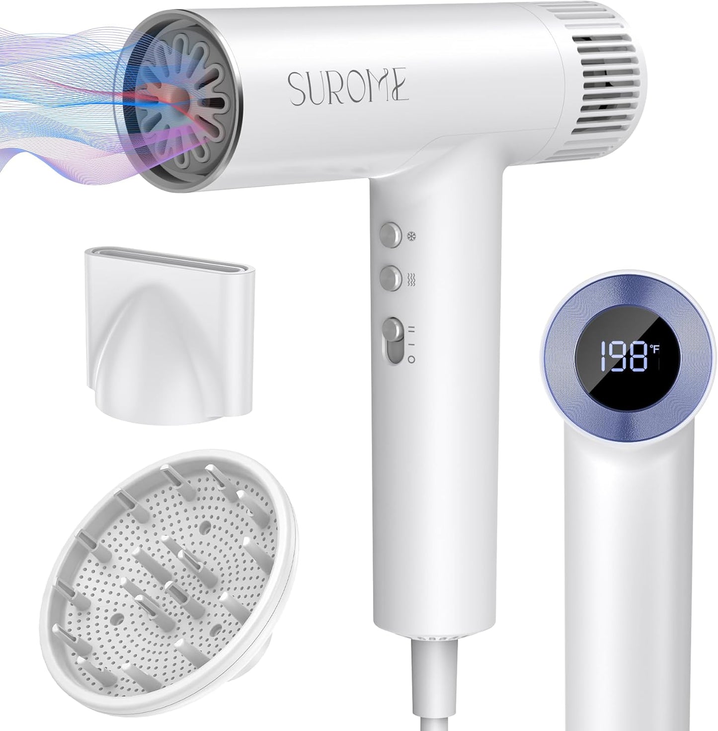 Blow Dryer,110000RPM High-Speed Brushless Motor, Fast-Drying Negative Ions Intelligent Constant Temperature Hair Care Dryers, Professional Hair Dryer with Attachments for Home&Salon (White)