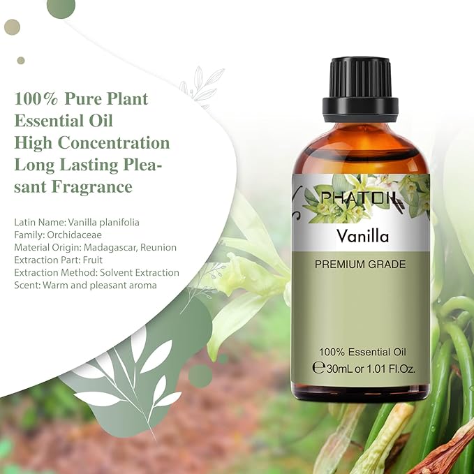Vanilla Essential Oil, 1.01Fl.Oz (30ML) PHATOIL Pure Essential Oil Singles for Aromatherapy Diffusers, Humidifiers, Great for DIY Candle and Soap Making, Gift for Friend