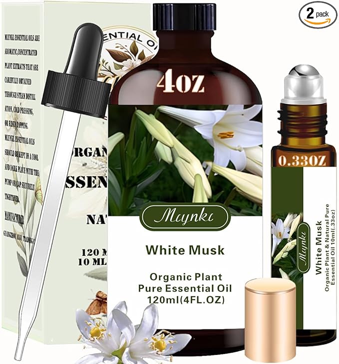 White Musk Essential Oil (4 oz/120 ml) with roll on (10 ml) -Natural, Aromatherapy, Diffuser, Massage, Relaxation, Stress Relief, Yoga, DIY Soap and Candle Making, Fragrance Oils, Spa, Gifts