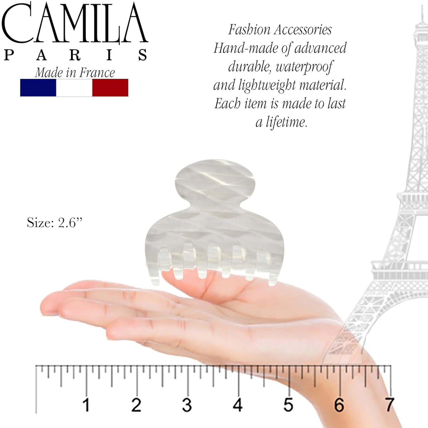 Camila Paris CP3065 French Hair Clip for Women, Handmade, White, Small, Girls Hair Claw Clips Jaw, Durable Styling Hair Accessories for Women, Strong Hold No Slip Grip, Made in France
