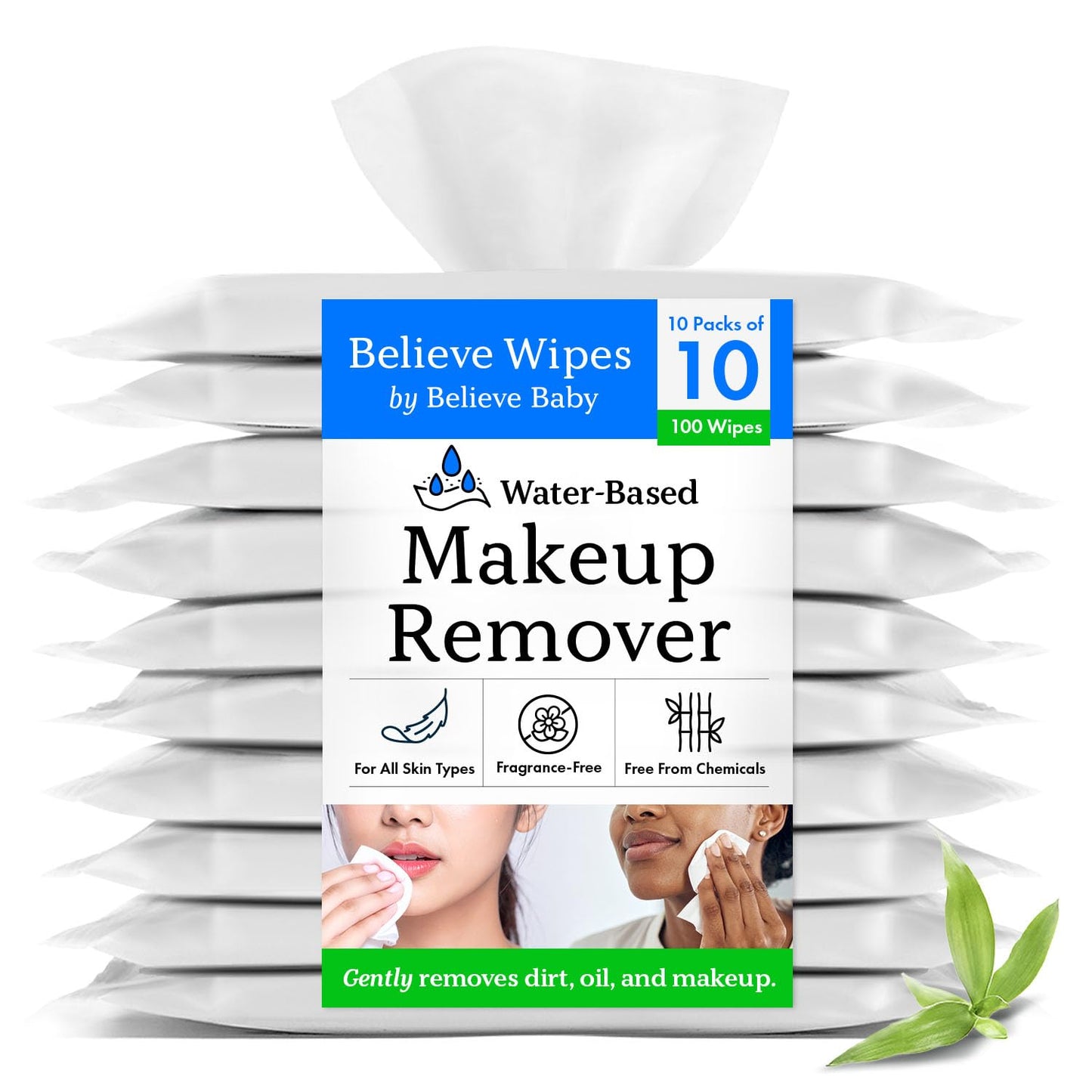 Believe Makeup Remover Wipes Travel Size 10pc x 10 Packs - Bamboo Viscose Unscented Face Wipes, Disposable Water-Based Make Up Remover, Gentle and Travel Size Makeup Wipe for Women