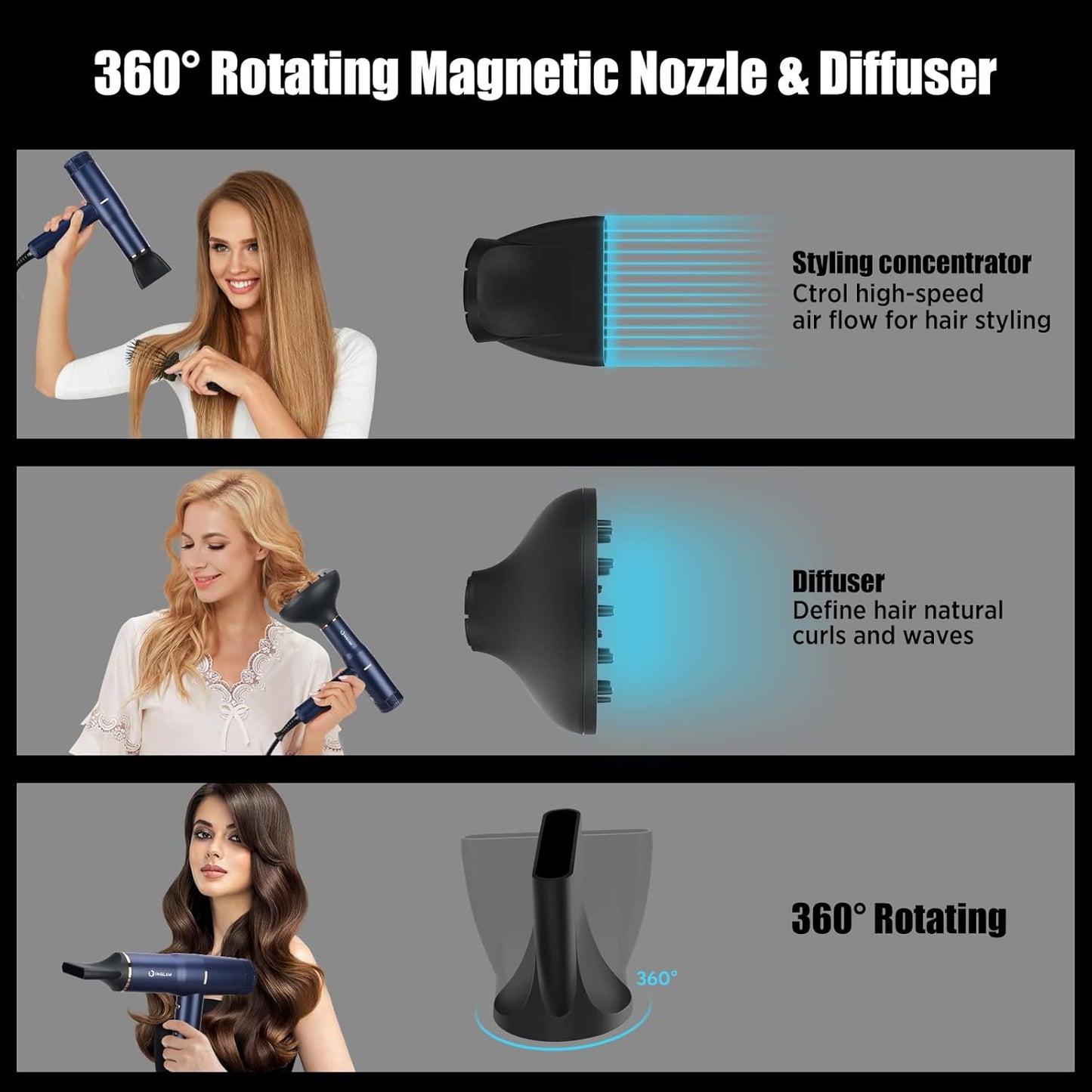 Diffuser Hair Dryer, IG INGLAM Professional Blow Dryer 110,000 RPM High Speed Brushless Motor Negative Ion Low Noise,3 Heat Settings & 3 Speed & Cold Settings, Compact Salon Ionic Hair Dryer