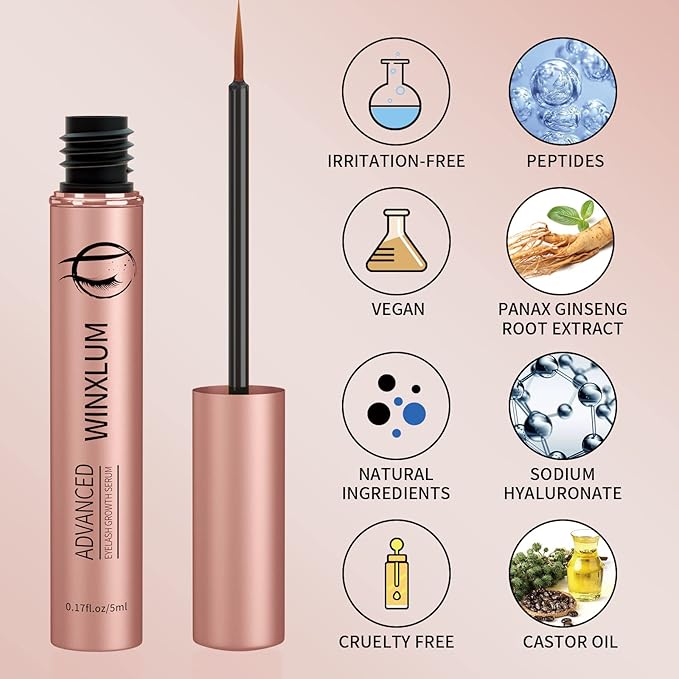 Premium Eyelash Growth Serum, Lash Growth Serum 5ML, Eyebrow Growth Serum with Peptides, Irritation-Free Eyelash Serum to Grow Lashes, Lash Boost for Fuller, Longer, Thicker, and Stronger Lashes, Pink