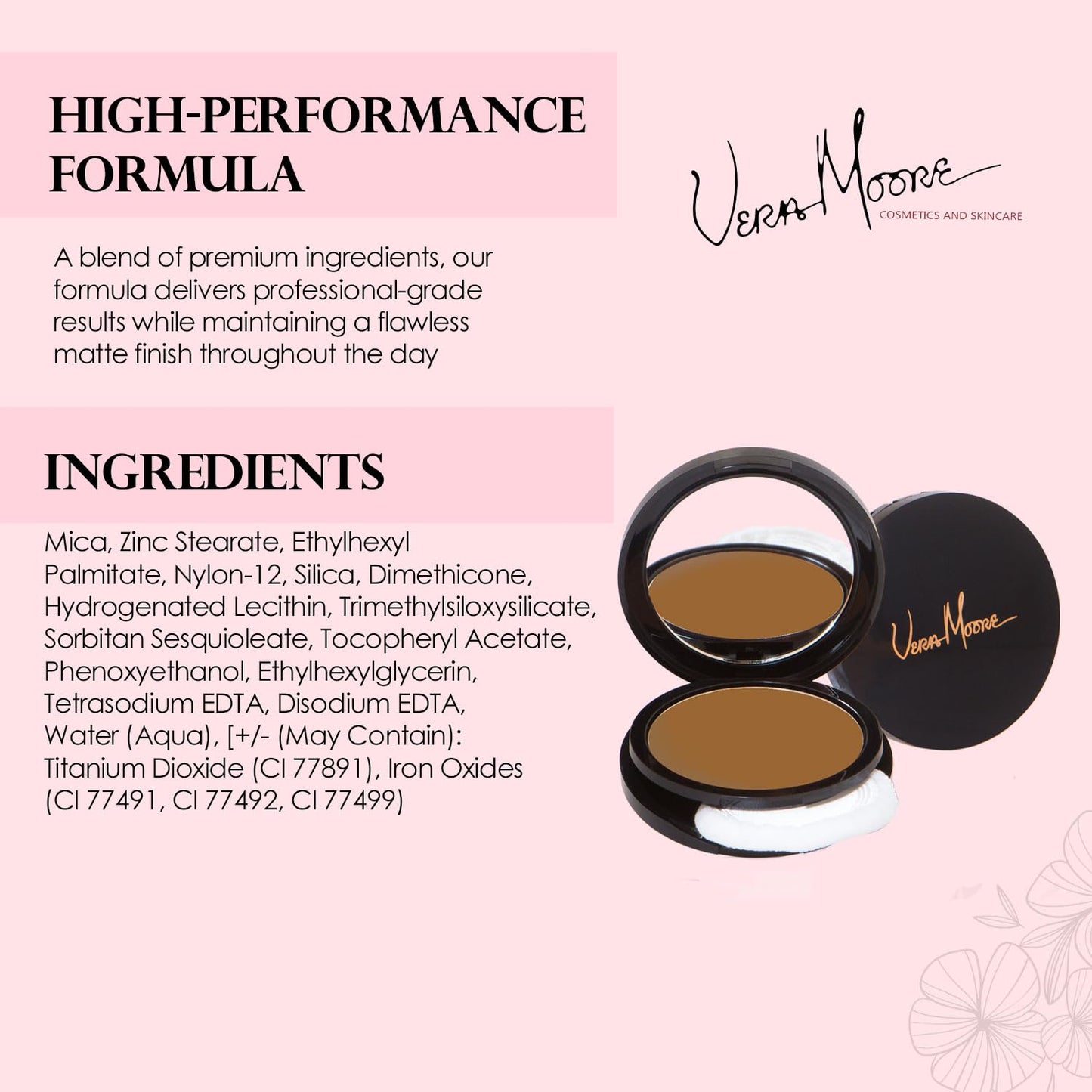 Vera Moore Matte Pressed Powder, Makeup Setting Compact Powder, Face Powder for Full Coverage with Flawless Finish, Shine, Matte Finish for All Skin Types (Brown Sugar, 12.5g)