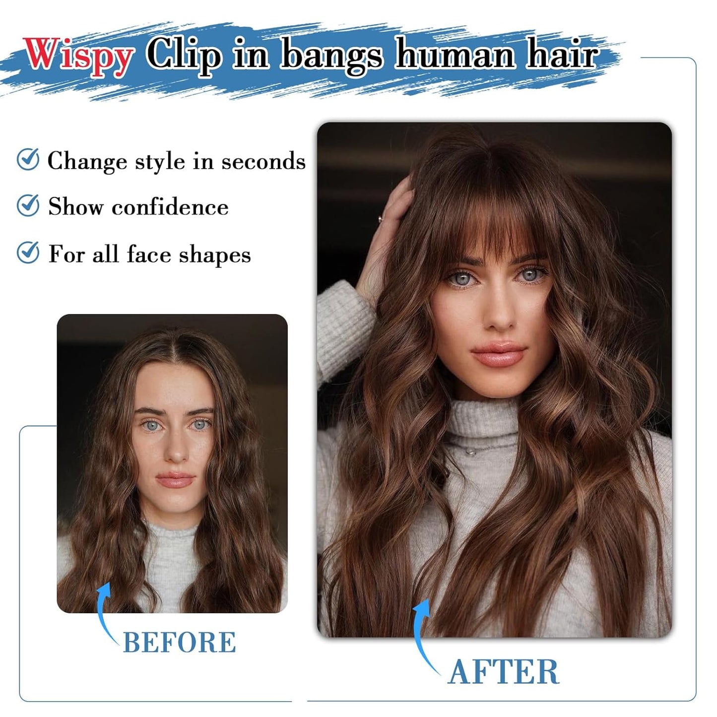 Bangs Hair Clip Human Hair Light Brown French Bangs for Women Fringe with Temples Hairpieces Clip on Bangs for Daily Wear (Light Brown, French Bangs)